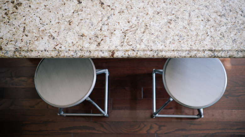 High angle of busy granite countertop