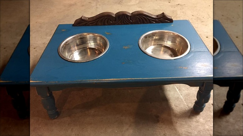 blue dog food bowl holder