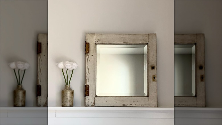 white upcycled cabinet door mirror
