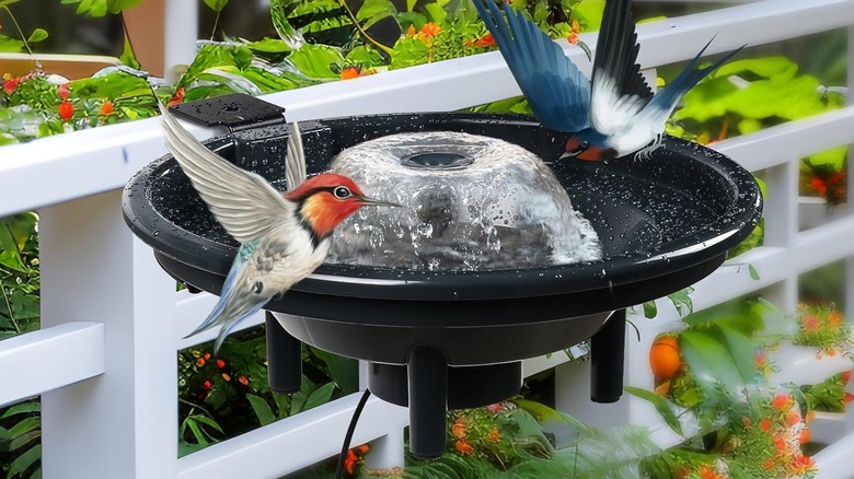 Birds flying near fountain