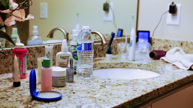 Cluttered countertop with minimal storage