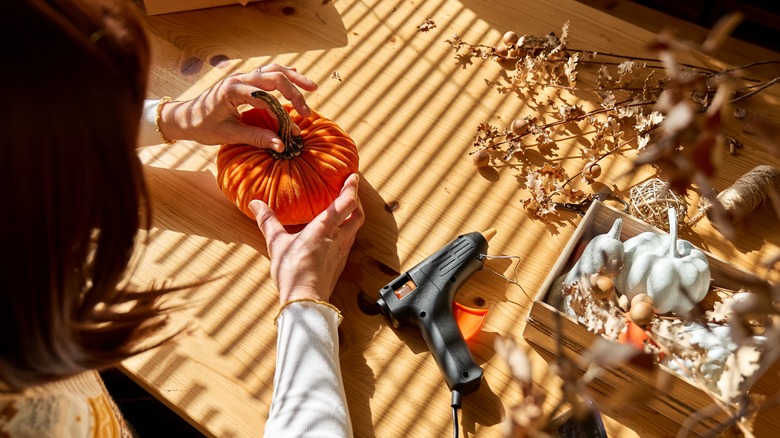 Person holding velvet pumpkin decoration