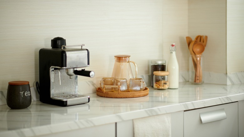 Marble counter with coffee supplies