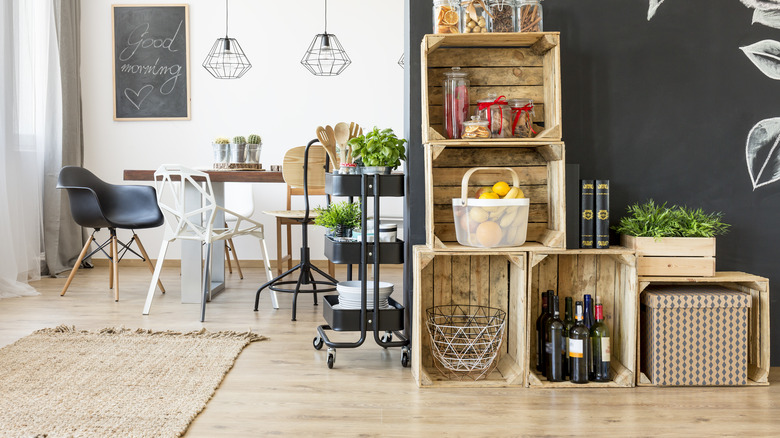 wooden crates stacked as shelves