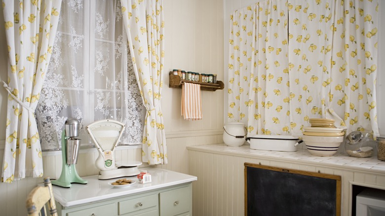 yellow floral and lace kitchen curtains