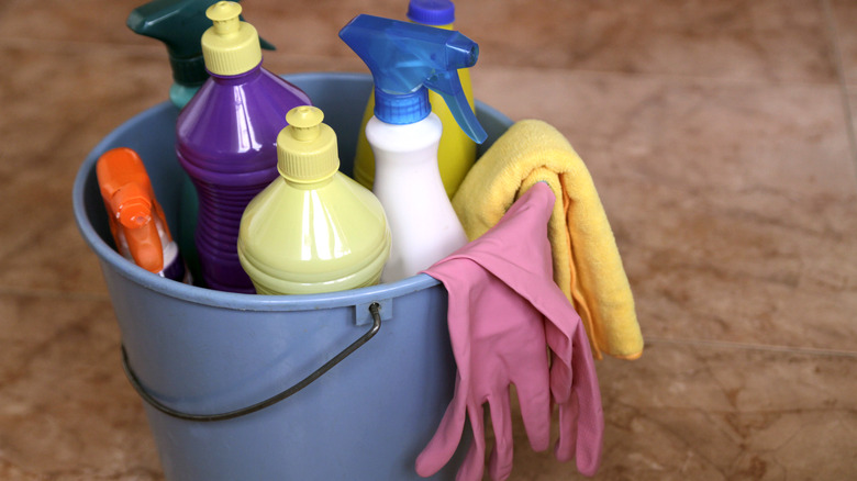 Cleaning supplies in bucket