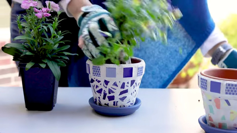 two mosaic planters