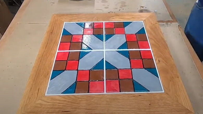 blue and red tiled tabletop