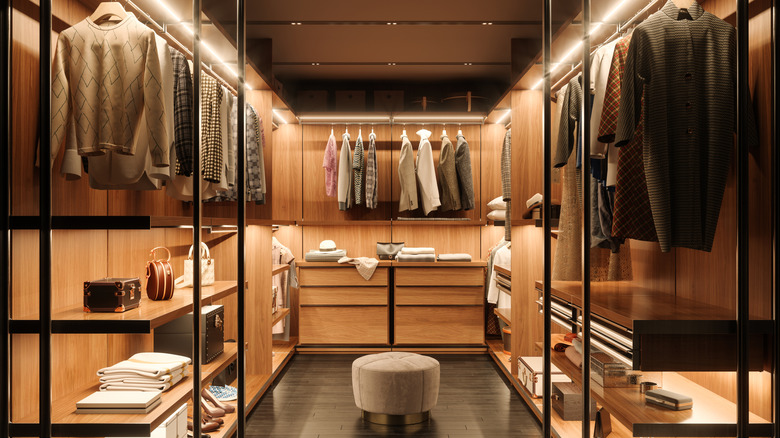 Luxurious closet featuring lighting strips