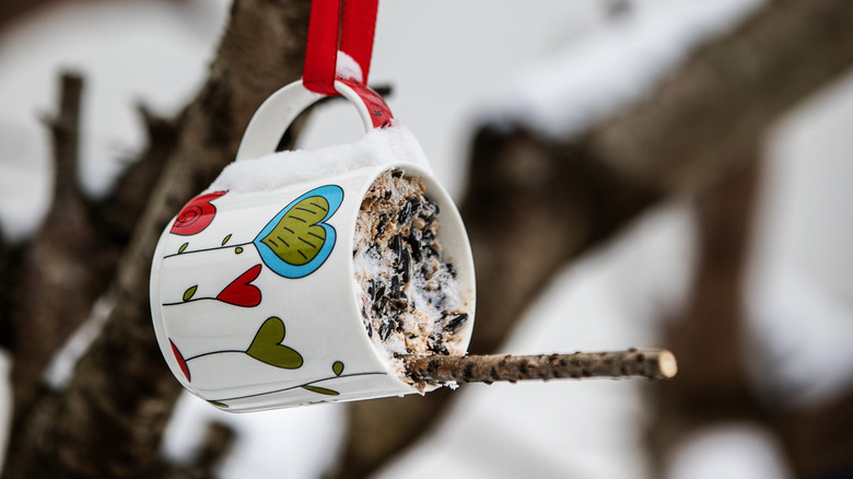 coffee mug bird feeder in snow