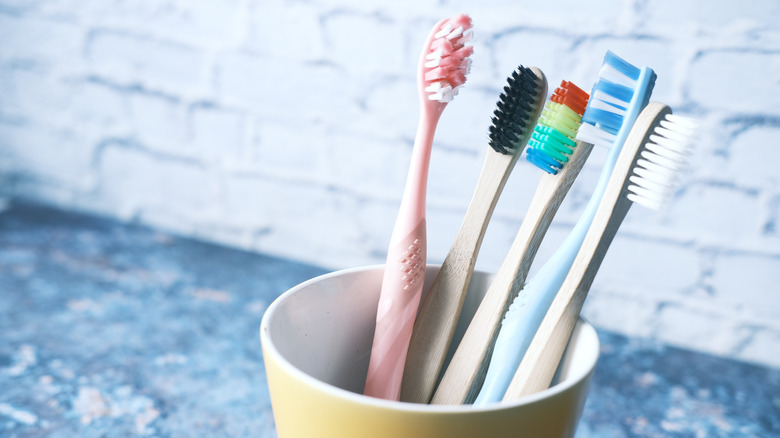 colorful toothbrushes in yellow mug