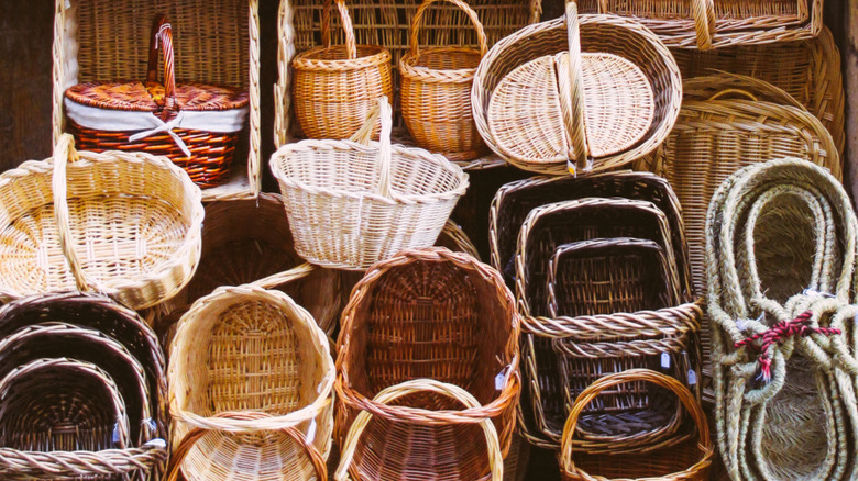 Various baskets being sold on the street.