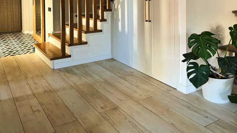 Double door closet storage area under stairs in modern home