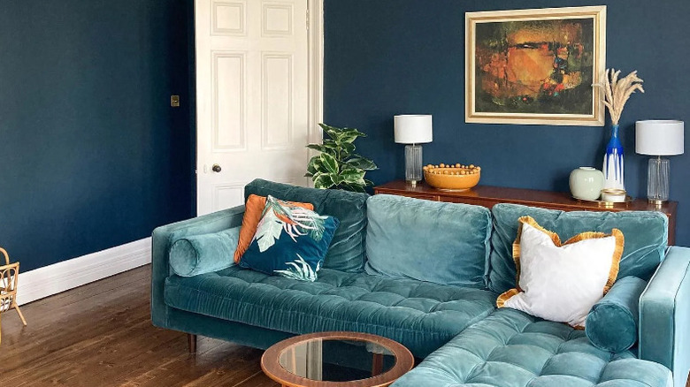 Living room with blue walls