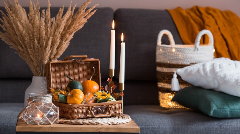 Living room decorated for fall