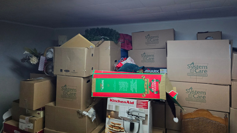 boxes of items stored in a basement