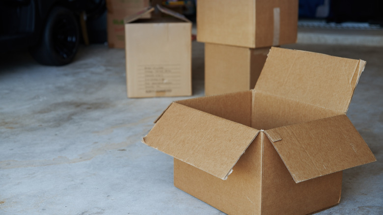 Cardboard boxes in garage