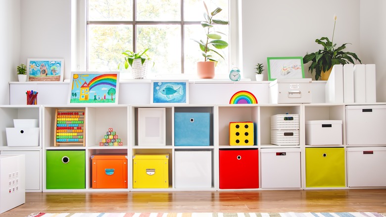 Colorful boxes on shelves