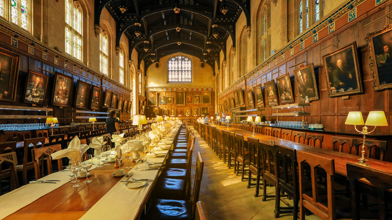 Long dining hall with tables