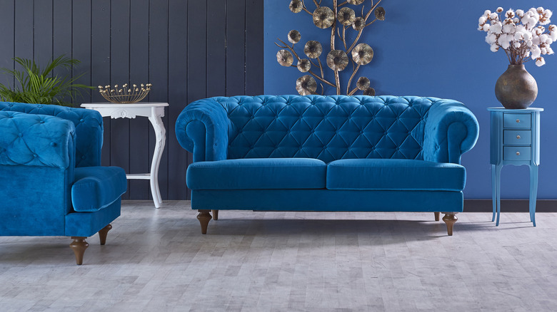 Blue velvet chair and sofa 