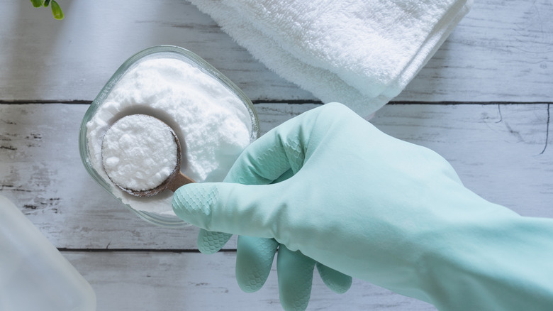 gloved hands scooping a spoonful of baking soda out of a container