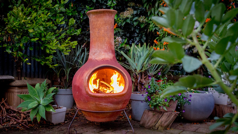 chiminea with succulents