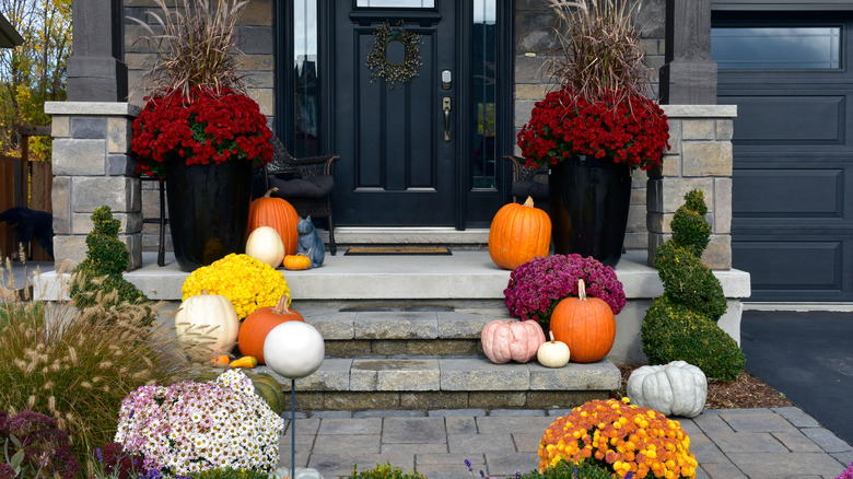 Pumpkin and mums on porch