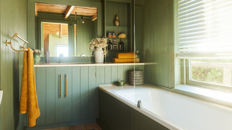 Muted green painted bathroom with tub