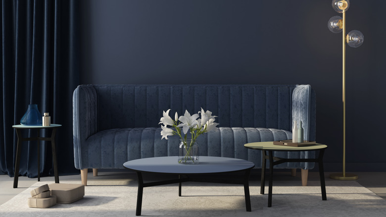 navy blue sofa and walls