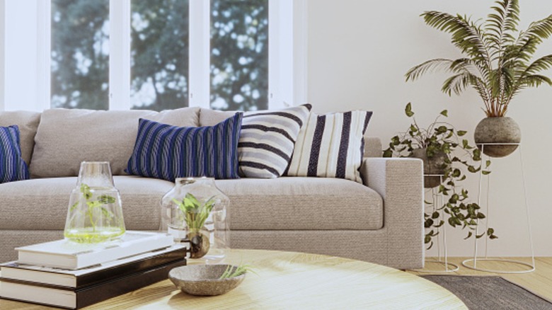 Grey sofa with coastal stripe-patterned throw pillows in living room