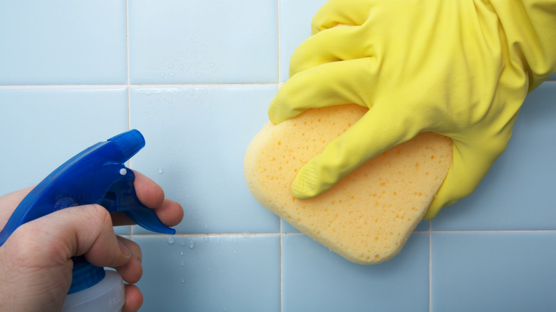 cleaning with spray and sponge