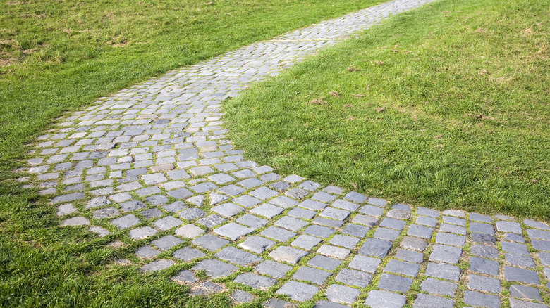 Cobblestone path in grass