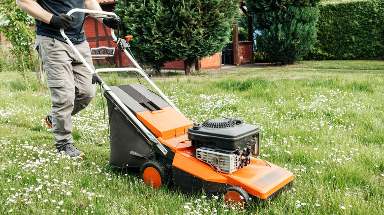 Person mowing lawn using an orange and black mower