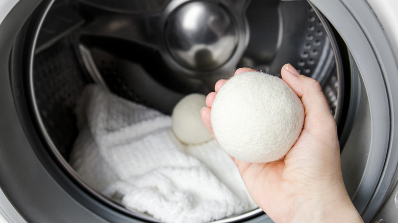 Hand holding dryer ball in front of open dryer