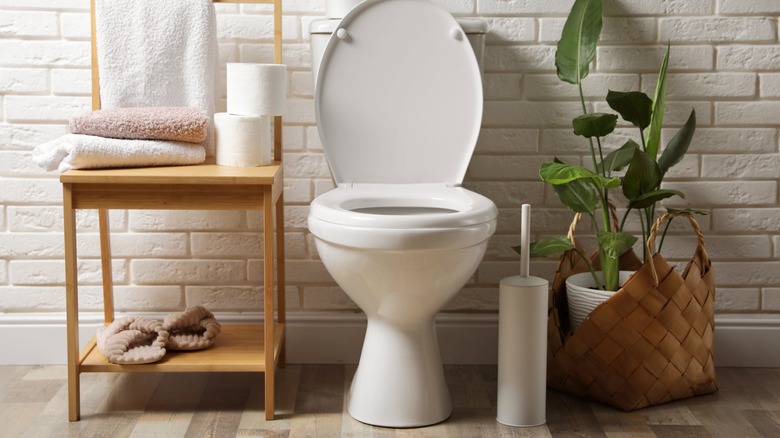 Toilet paper stacked next to a toilet.