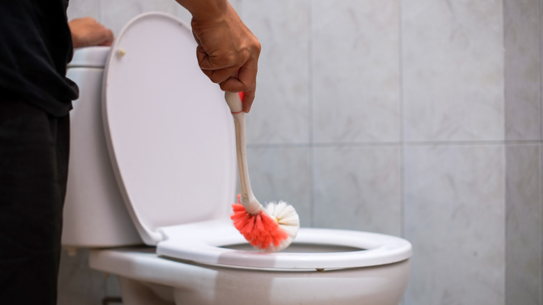 A person cleans a toilet bowl with a toilet brush.