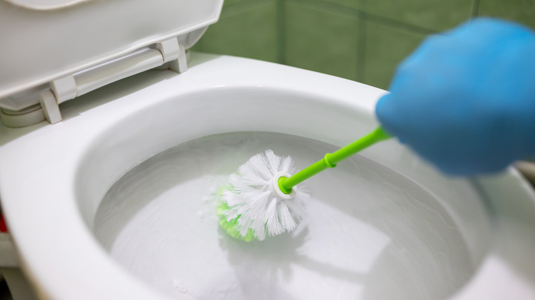 A gloved hand cleans a toilet bowl with a plastic disposable toilet cleaning brush.