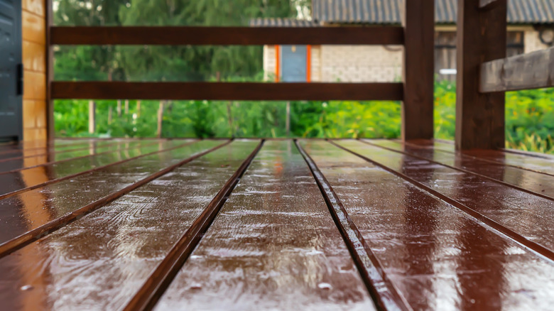 A wooden deck is stained in a high-gloss finish