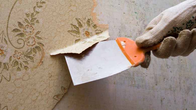 gloved hand removing wallpaper