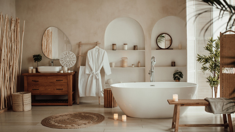 Woman in bathroom with light beige walls.