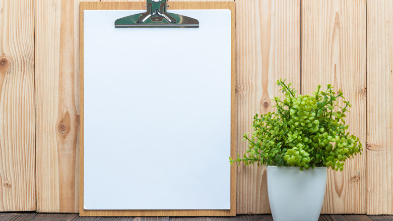 Clipboard leaning against wall with plant