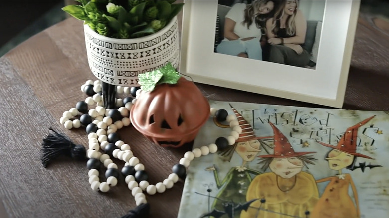 Wood bead garland displayed on tabletop