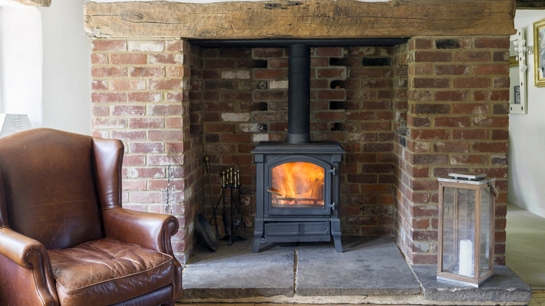 A plain brick fireplace