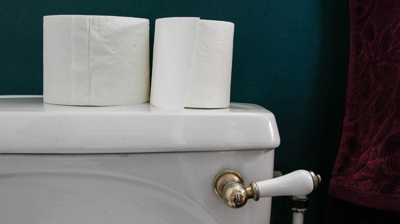 Toilet rolls on top of a toilet.