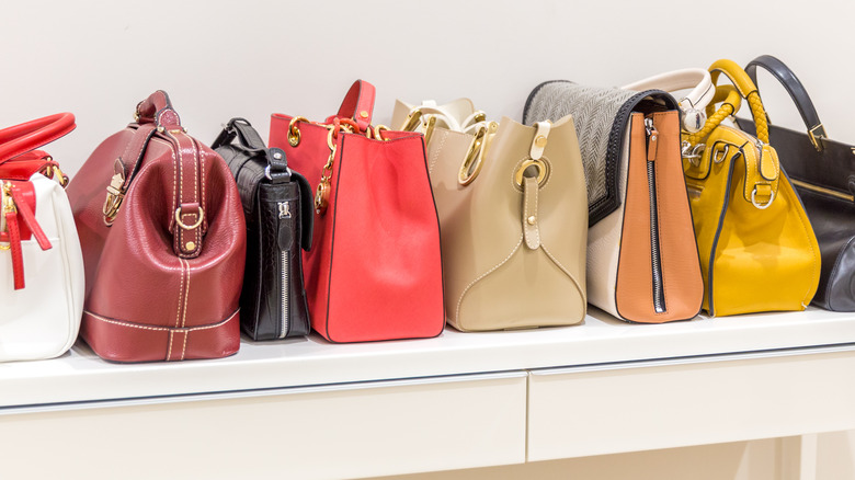 Purses on counter