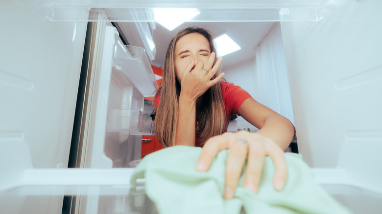 woman in front of smelly fridge