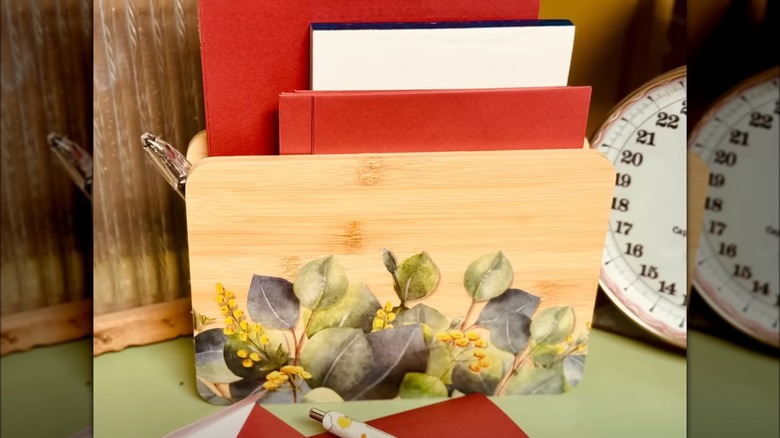 DIY Letter box holder from wood cutting boards with wall decal on the front