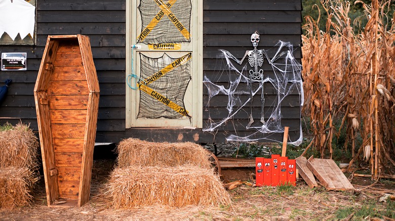 Halloween decor with wooden coffin