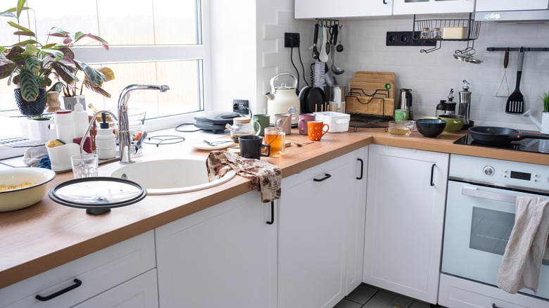 a cluttered kitchen counter