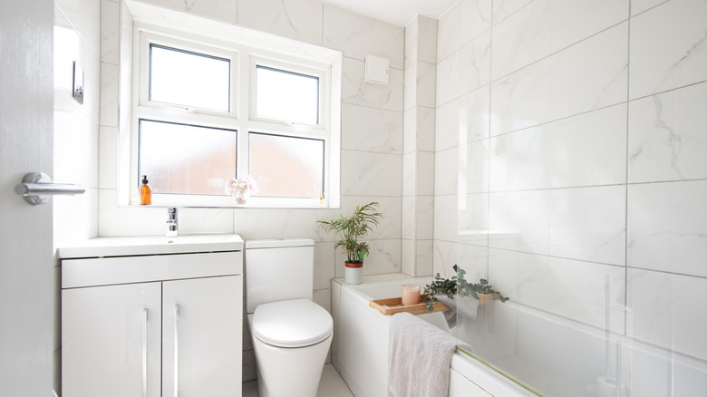 A basic-looking bathroom with white walls